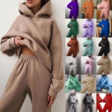 2Pcs Winter Ladies Hoodies Pants Tracksuit Set Hooded Sweatshirt Pullover Fleece