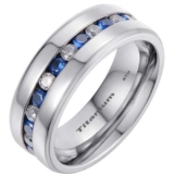 Mens Titanium Ring With Blue Sapphire CZ Classic Band Ring
