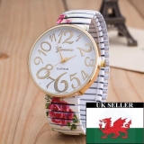 Ladies Large GENEVA White Face White Flowered Expandable Bracelet Watch
